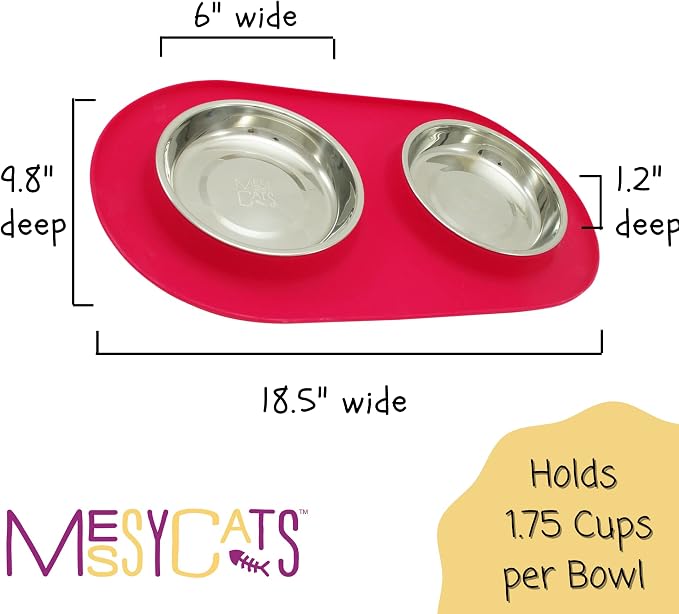 Messy Cats Double Silicone Feeder, Stainless Bowls, 1.75 Cup, Watermelon | Non-Slip Silicone Double Cat Feeder With Two Removable Stainless Steel Saucer Bowls For Food And Water - Image 3