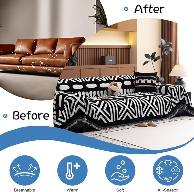 VClife Minimalism Tribal Couch Cover Non Slip White Black Geometric Jacquard Sofa Cover Washable Bohemian Style Aztec Couch Slipcover for Sectional Couch Chenille Furniture Protector 71''x118'' - Image 3