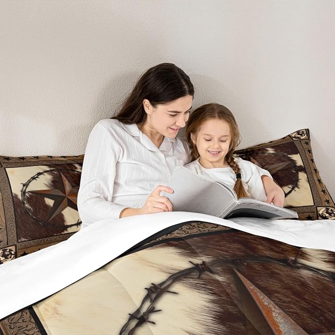 Western Stars Comforter Set Full Size,Cow Fur Texture Print Bedding Set 3pcs for Kids Teens Adults Room Decor,Old Wooden Board Vintage Quilt Set Brown Rustic Duvet Insert with 2 Pillowcases - Image 4