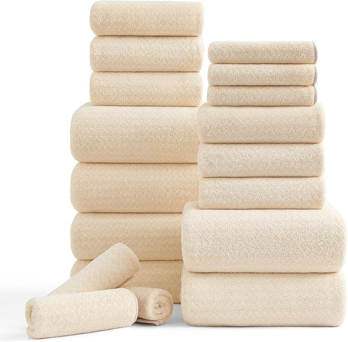 Ycosy 18 Piece Bath Towels Set,100% Microfiber Family Bathroom Towel with Hanging Loops-6 Bath Towels,6 Hand Towels,6 Washcloths,Quick Dry Highly Absorbent Shower Towel for Bathroom,Hotel,Spa-Beige by Ycosy