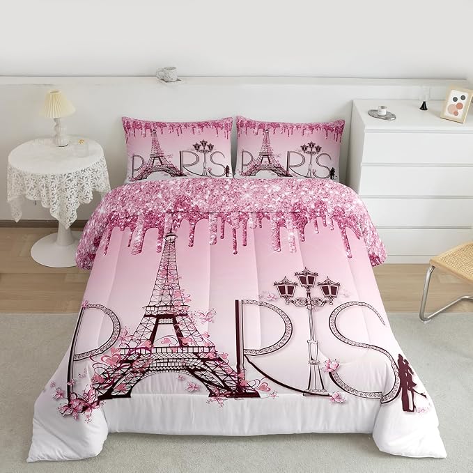 Eiffel Tower Comforter Set King Size,Pink Shimmer Floral Dreamy Down Comforter for Girls Boys Adults Couple Bedroom Decor,Famous Paris Architecture Bedding Set,Romantic Duvet Insert,2 Pillowcases - Image 4