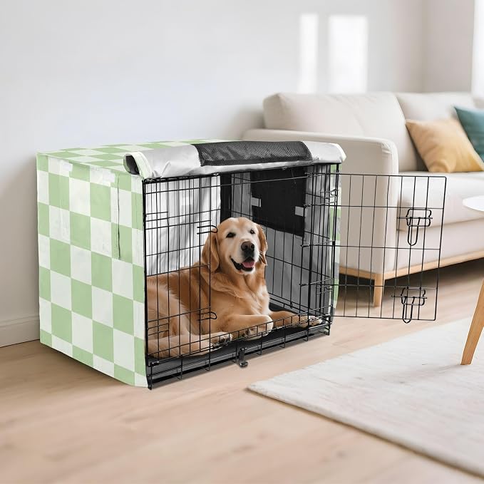 Dog Crate Cover Kennel Cover for Dog Cages Breathable for Wire Cage Indoor Outdoor Checkered Mint Green and White - Image 6