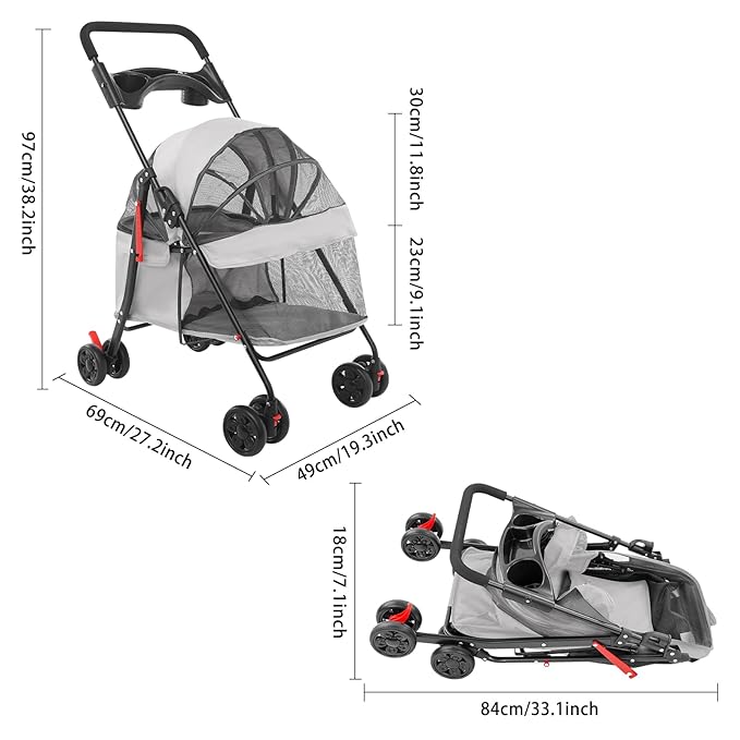 Dog Stroller with Casters, 40LBS Capacity Foldable Cat Pet Stroller with Storage Basket&Cup Holder, Foam Handle, Steel Frame for Small Medium Dogs Cats(Light Grey)
