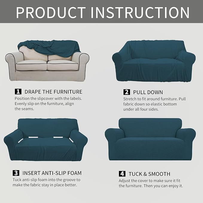 Easy-Going Stretch Oversized Loveseat Couch Covers Washable Deep Teal | 1-Piece Large Loveseat Cover for 2 Cushion Couch Furniture Protector RV Sofa Slipcover Soft with Bottom for Kids Pets - Image 6