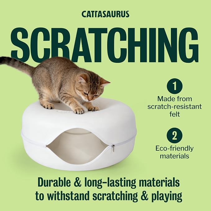 Cattasaurus Peekaboo Cat Cave Donut for Multiple & Large Cats up to 30-45 lbs, 3-in-1 Self Warming Cat Bed, Tunnel & Scratcher for Indoor Cats, Washable & Detachable Small Dog Bed (White, Large) - Image 2