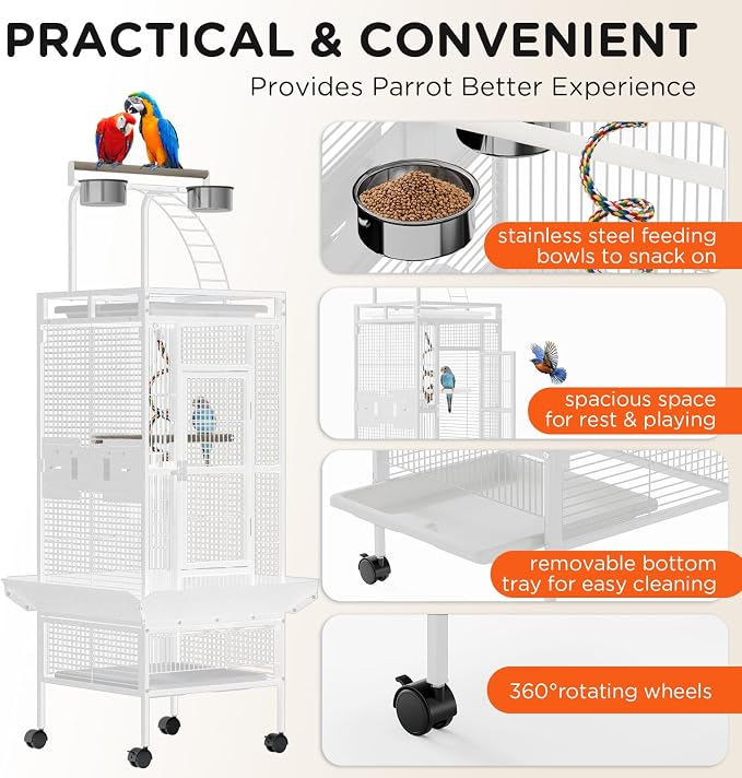 Garveehome 60 Inch White Parrot Cage with Play Top & 4 Feeder Bowls | Wrought Iron Large Bird Cage with Rolling Stand for African Grey Cockatiel Sun Parakeet Green Cheek Conure Lovebird Budgie - Image 3