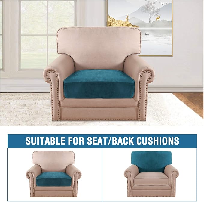 H.VERSAILTEX Velvet Stretch Couch Cushion Cover Plush Cushion Slipcover for Chair Cushion Furniture Protector Seat Cushion Sofa Cover (1 Piece Armchair Cushion Covers, Deep Teal) - Image 3