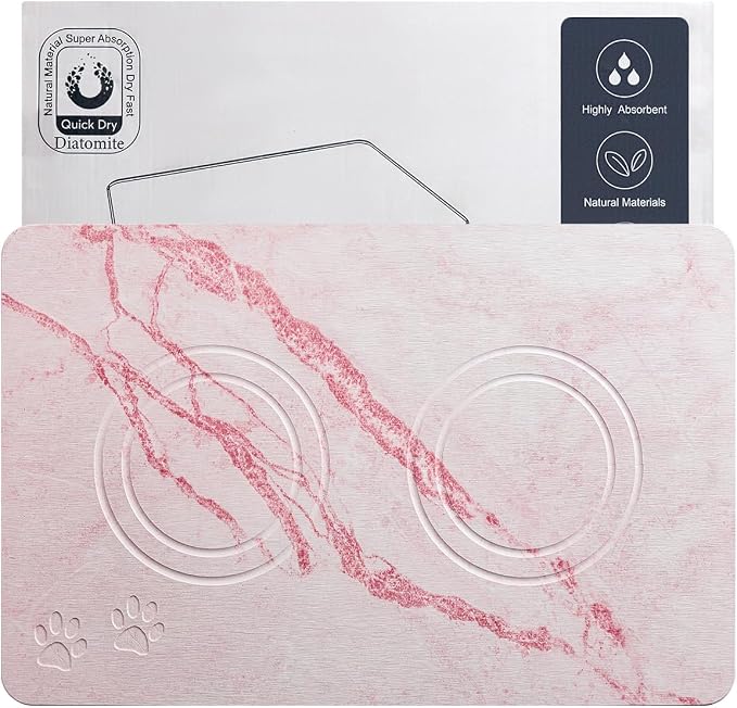 Diatomite Stone Pet Feeding Mat for Dog Cat Super Absorbent Diatomite Quick Drying Stone Dog Food Water Mat, Dog Mats for Food and Water with Non-Slip Station, Fast Dry Pet Mats, Marble Pink by PetGettingMuchHeathier