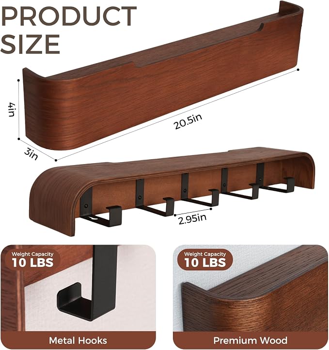 Coat Rack Wall Mount with Shelf Entryway Shelf Modern Key Holder Hanger Wall Shelves with Hidden Hooks for Hanging Towels Coats Hats Bags for Hallway Bathroom Bedroom(Walnut Color, 5 Hooks) - Image 2