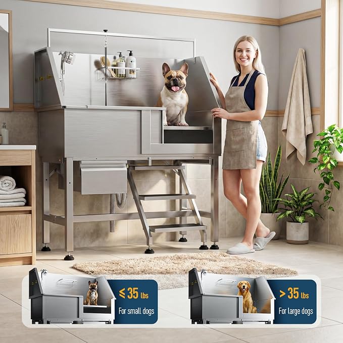 Professional Dog Washing Station, 46 Inch 304 Stainless Steel Pet Grooming Tub with Side-Mounted Faucet, Telescopic Ramp & Storage Drawer for Large & Senior Dogs, Outdoor Raised Sink (46" Right Step) - Image 3