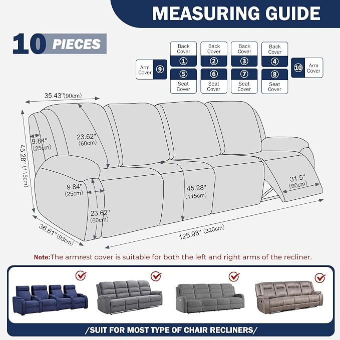 vctops Diamond Recliner Sofa Covers 10-Pieces Stretch Large RV Couch Covers for 4 Seats Reclining Slipcovers Soft Solid Furniture Protector (Navy,4 Seat) - Image 2