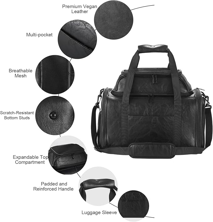Premium Leather Top Expandable Pet Carrier for Small Dogs & Cats Under 15 lbs, Airline Approved Collapsible Soft-Sided Luxury Travel Bag Black