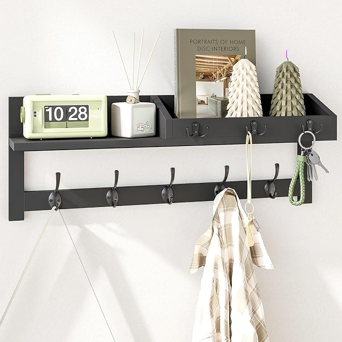 AMBIRD Wall Hooks with Shelf, 26.57 Inch Entryway Wood Coat Hooks for Wall, Coat Rack Wall Mount Rack with 5 Dual Hooks 3 Key Hooks Mail Organizer and Key Rack Key Holder (Black) by AMBIRD