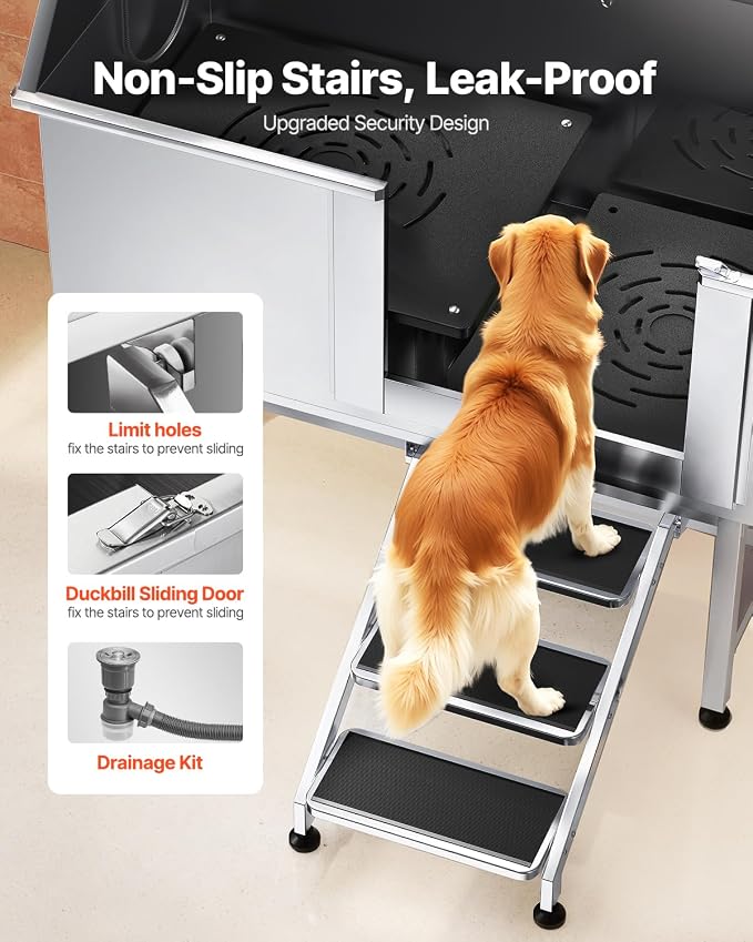 VEVOR Stainless Steel Dog Washing Station, 50 inch Pet Grooming Tub w/Stairs, PE Water Filter Board, Faucet & Showerhead & Soap Holder Dog Bathtub for Large & Medium & Small Pets (Right Door) - Image 3