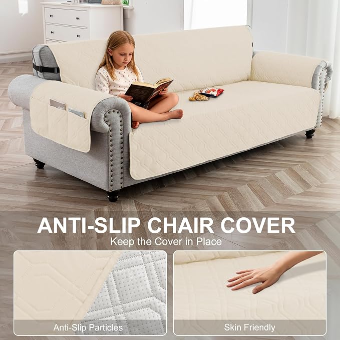 100% Waterproof Couch Cover, Straps&Pockets,pet Friendly,78" Beige | Washable sofa cover, pet-friendly, scratch-resistant furniture protector, quilted sofa cover, reversible, non-slip backing. - Image 4