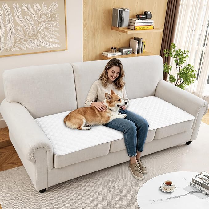 Dog Couch Cover for Sofa 100% Waterproof Faux Linen Sofa Covers for 3 Cushion Couch Washable Pet Friendly Sofa Slipcovers Non Slip Quilted Furniture Seat Protector (27x58 in, White) - Image 6