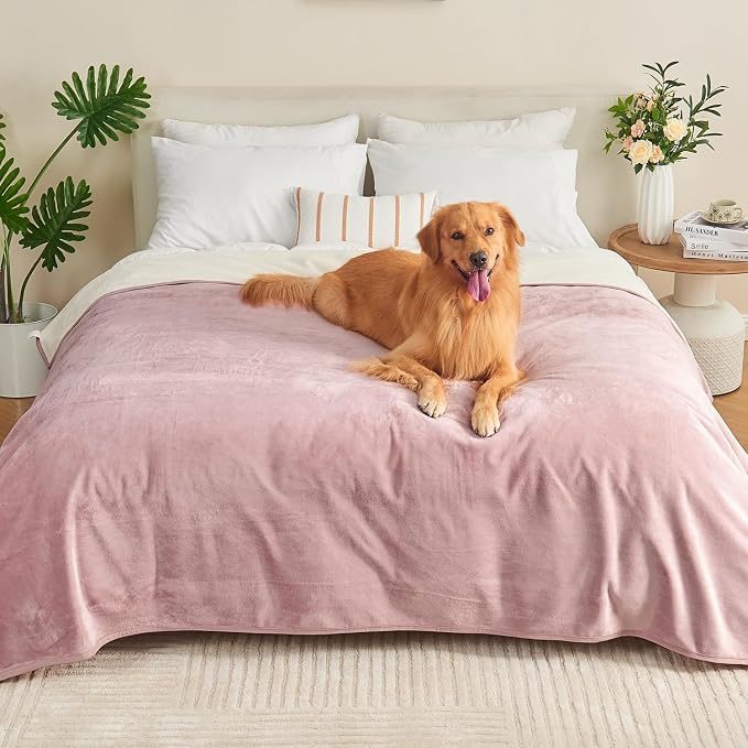 Waterproof Blanket 80"x90" for Adults, Reversible Waterproof Bed Cover for Dogs Cats Pets, Soft Leakproof Blanket for Bed Couch Sofa Furniture Protector, Dusty Pink/Off White by Yaning