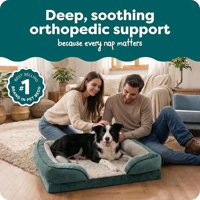 Furhaven Orthopedic Dog Bed for Large/Medium Dogs w/ Removable Bolsters & Washable Cover, For Dogs Up to 55 lbs - Plush & Velvet Waves Perfect Comfort Sofa - Celadon Green, Large - Image 2