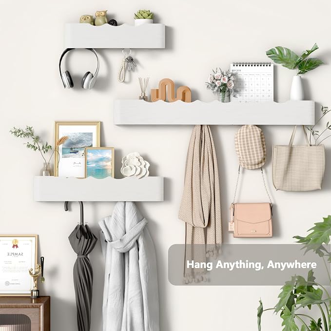 Wall Mounted Coat Rack with Shelf, Wooden Entryway Organizer with Hidden Metal Hooks for Hanging Coats Bags Keys, Modern Floating Shelf for Hallway Bathroom - Image 5