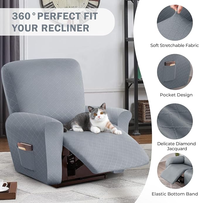 vctops Diamond Recliner Cover 4-Pieces Recliner Stretch Sofa Slipcover 1 Seater Couch Protector Soft Solid Furniture Protector Covers with Elastic Strap (Light Grey,1 Seat) - Image 4