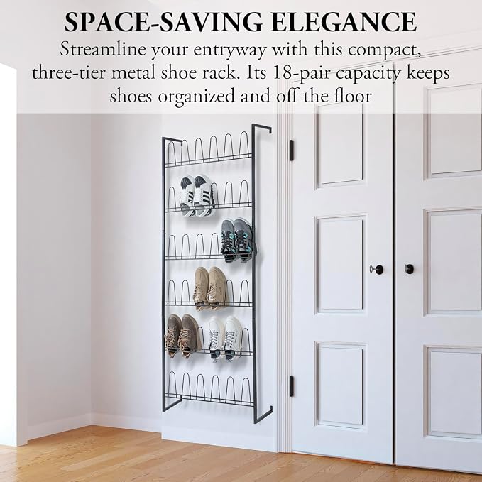 MyGift 70 Inch Black Metal Wall Mounted Shoe Rack with 36 Hooks | Holds 18 Pairs, Efficient Vertical Design, 36 Hanging Points, Slim Profile, Small Space Solution, Easy Access Setup - Image 3