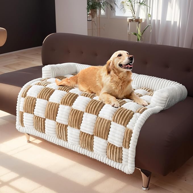 TOPCHANCES Dog Couch Covers, Thickened Quilted Plaid Funny Fuzzy Pet Couch Protector for Large Dogs - Washable, Non Slip - Light Brown, 30x30 inch by TOPCHANCES