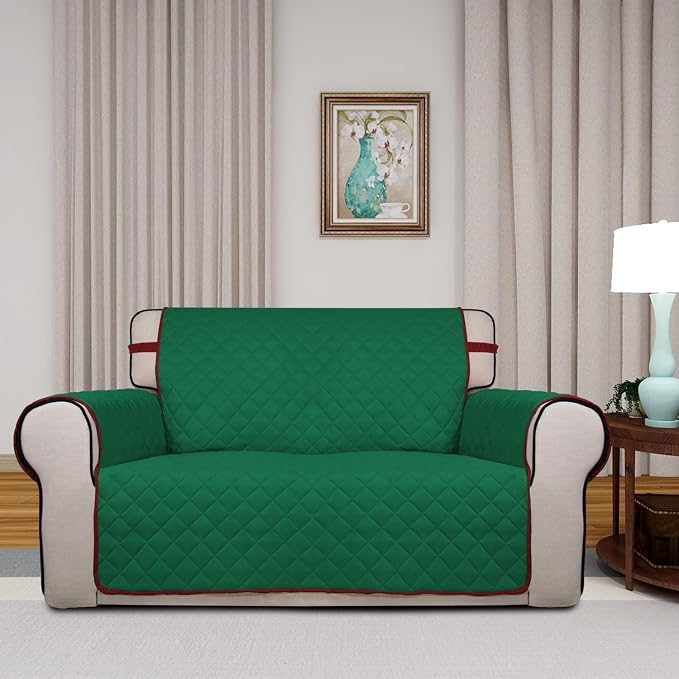 PureFit Reversible Quilted Couch Covers for Dogs Loveseat Sofa Cover 46.5” | Green/Red, Water Resistant Couch Protector, Washable Pet Couch Cover with Non Slip and Elastic Straps For Kids - Image 2