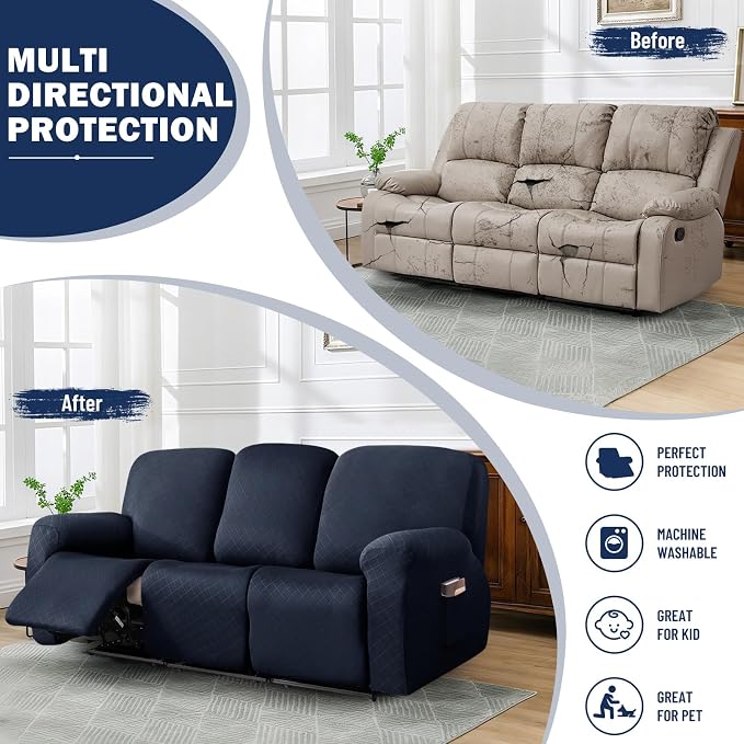 vctops Diamond Recliner Sofa Covers 8-Pieces Stretch Large Couch Covers for 3 Seats Reclining Slipcovers Soft Solid Furniture Protector (Navy,3 Seat) - Image 5