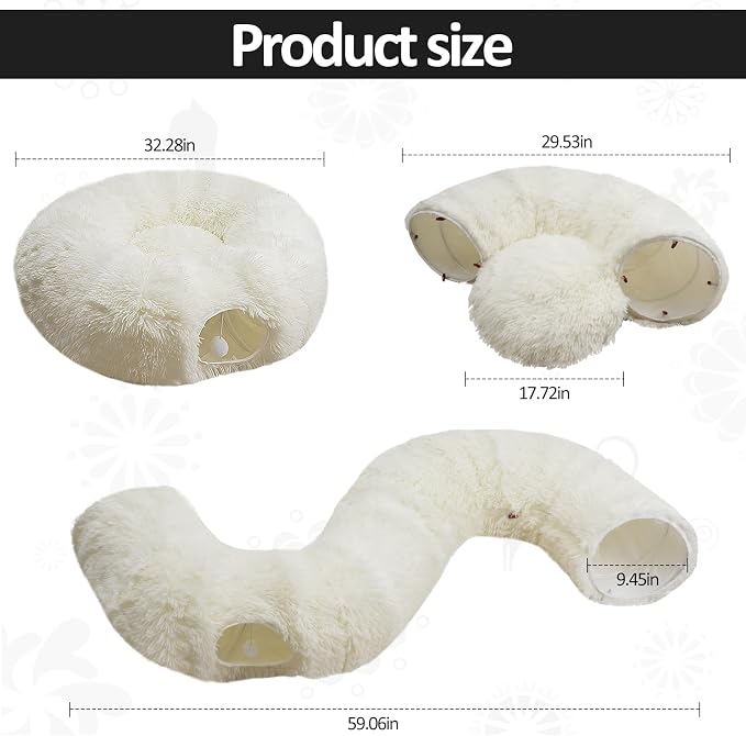White Fluffy Warm Plush Cat Round Tunnel Tube, Soft Collapsible Multi-Combinations Cat Donuts Bed for Kitty Kitten Puppy Rabbit Ferret (White) - Image 4