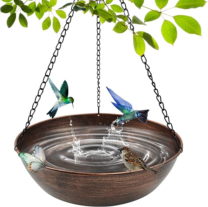 13" Metal Hanging Bird Bath with Chains and Hook | 3" Deep Bowl, 1.4Gal Capacity, 3 Chain Support, Easy Cleaning, Rust Resistant, Birdbath or Bird Feeder Garden Decor by OUISJYER