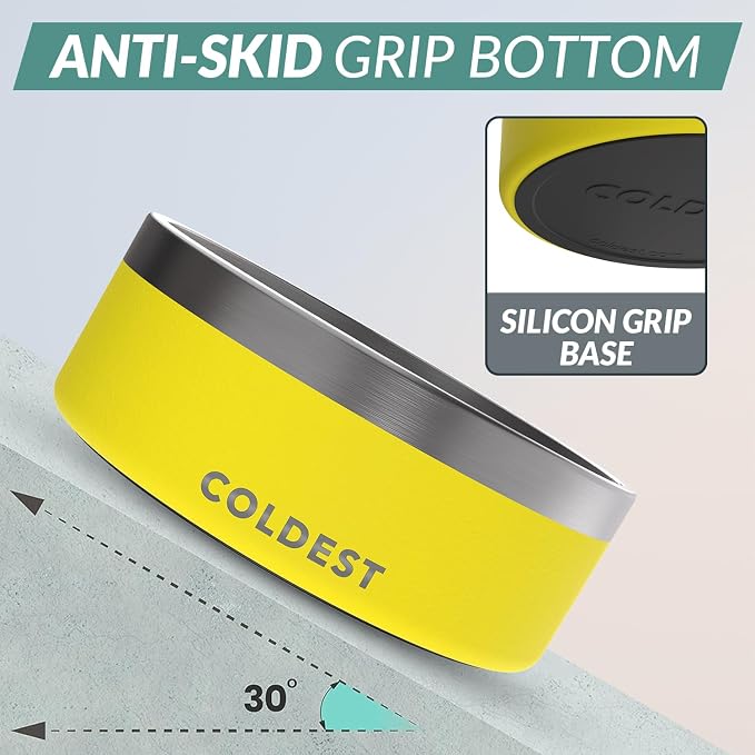 Coldest Dog Bowl - Anti Rust Metal, Non Slip, 3 Layers Insulated Stainless Steel Dog Bowls - Spill Proof & Heavy Duty - Water Bowl for Dogs, Cats & Pets, Dish Washer Safe (64 oz, Solar Yellow) - Image 2