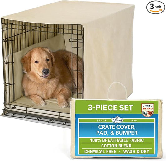 Pet Dreams 3-Piece Set Includes Dog Crate Cover, Dog Mat & Bumper Pad- Washable Kennel Bedding fits iCrate Cages 24, 30, 36, 42 Inch (Khaki, Large, 36") by PetDreams