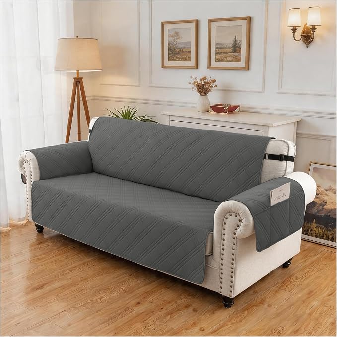 100% Waterproof Couch Cover for Dogs, Washable Anti-Slip Sofa Cover with Elastic Straps & Side Pockets, Quilted Furniture Protector for Kids & Pets (3 Cushion 68", Dark Grey) - Image 6