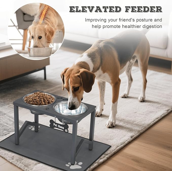 Elevated Dog Bowls, Metal Raised Dog Bowl Stand with 2 Thick 58oz Stainless Steel Food Bowls & Non-Slip Mat - 11.8" Tall for Medium/Large Breeds(Grey) - Image 2