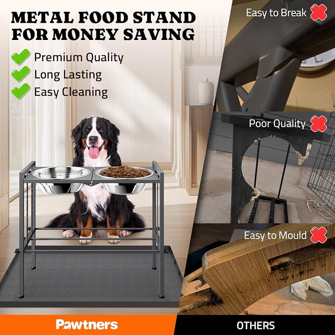 Elevated Dog Bowl for Large Breed, Height Adjustable Feeder with Mat, Gery | Adjustable Height at 15°Tilted Angle, Lightweight, Nonslip, All-Iron Structure, Stainless Steel bowls, Easy Assembly Cleaning - Image 4