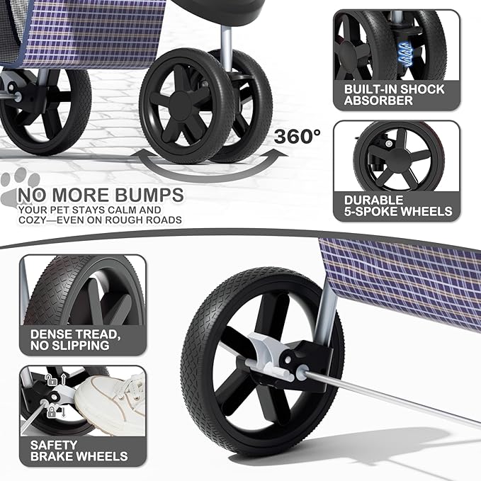 MoNiBloom 3 Wheels Pet Dog Cat Stroller for Small Medium Dogs Cats, Lightweight Foldable Jogger Stroller w/Storage Basket and Cup Holder, Plaid