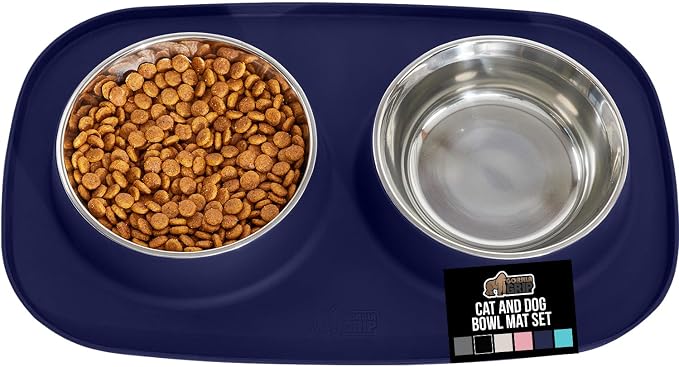 GORILLA GRIP Dog Bowl Set with Slip Resistant Silicone Feeding Mat, Food Grade 304 Stainless Steel Bowls, BPA Free, High Edge Spill Containment, Dishwasher Safe, Finger Notch Removal, 2 Cup, Navy Blue by Unknown