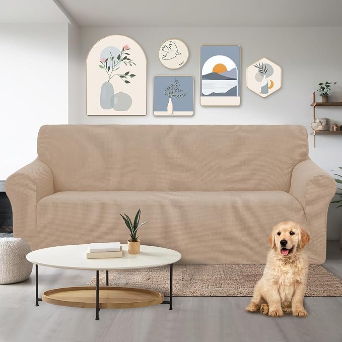 U-NICE HOME Stretch Couch Cover Sofa Covers for 3 Cushion Couch Slipcover with Elastic Bottom Furniture Protector for Dogs, Spandex Jacquard Soft Fabric (Large, Camel) | 1-Piece Sofa cover, Washable, Pet friendly, Furniture protector, Polyester Spandex... - Image 2