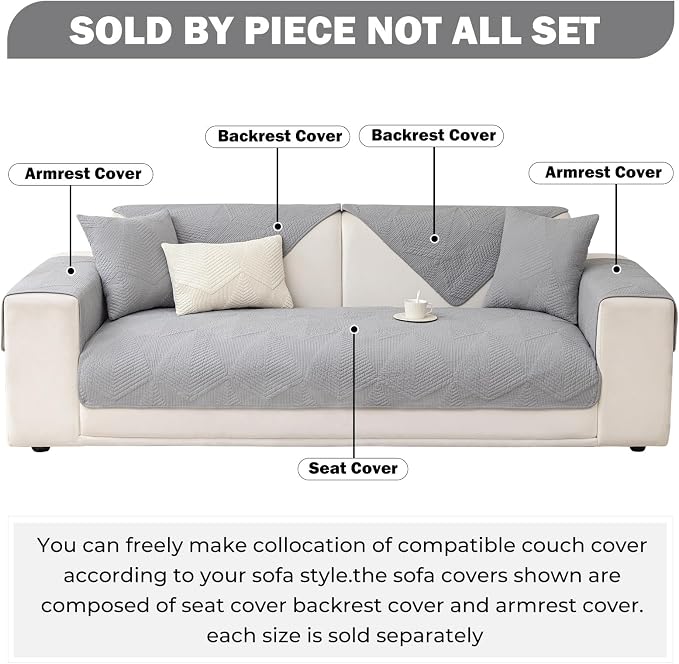 vctops Cotton Quilted Couch Covers for Sectional Sofa (Grey,36"x36") | Geometric Washable Non Slip Sofa Slipcover for Dogs, Children, Pets Furniture Protector Cover - Image 2