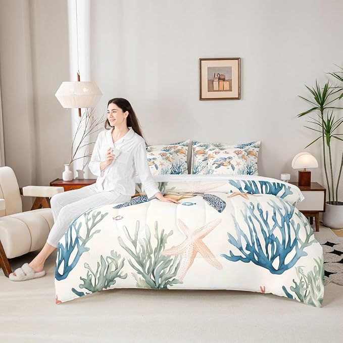 Erosebridal Cartoon Sea Turtle Comforter Set with Sheets Twin Size, Ocean Animal Tortoise Bed in A Bag, Underwater World Sea Animal 7 Pieces Bedding Set, Kawaii Starfish Bedding Comforter Sets - Image 6