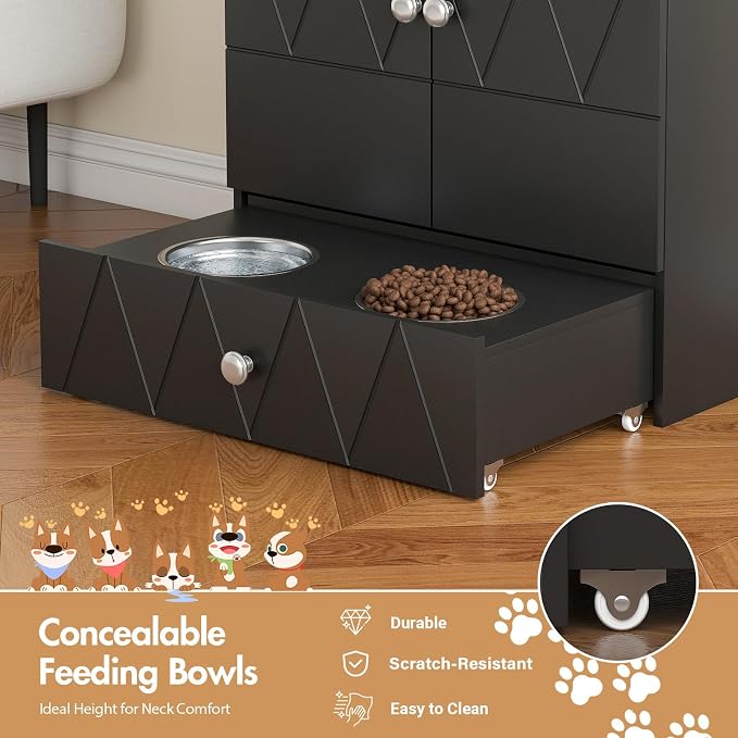 Pet Feeding Station with Storage, Raised Dog Bowls, Pet Feeder Cabinet, with Adjustable Shelves, Rolling Drawer, Hooks, for Feeding & Watering Supplies (Black) - Image 4