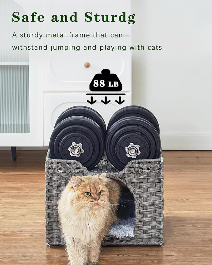 SETVSON Cat Beds Indoor Kitten House, Handwoven Rattan PE Cat Cave, Gray | 2-in-1 Kitty Condo with Top Perch & Bottom Cave, Furry Canvas Dual Cushion, 2 S-Hooks, Steel Frame, 16.5x16.5x13.2 In - Image 3