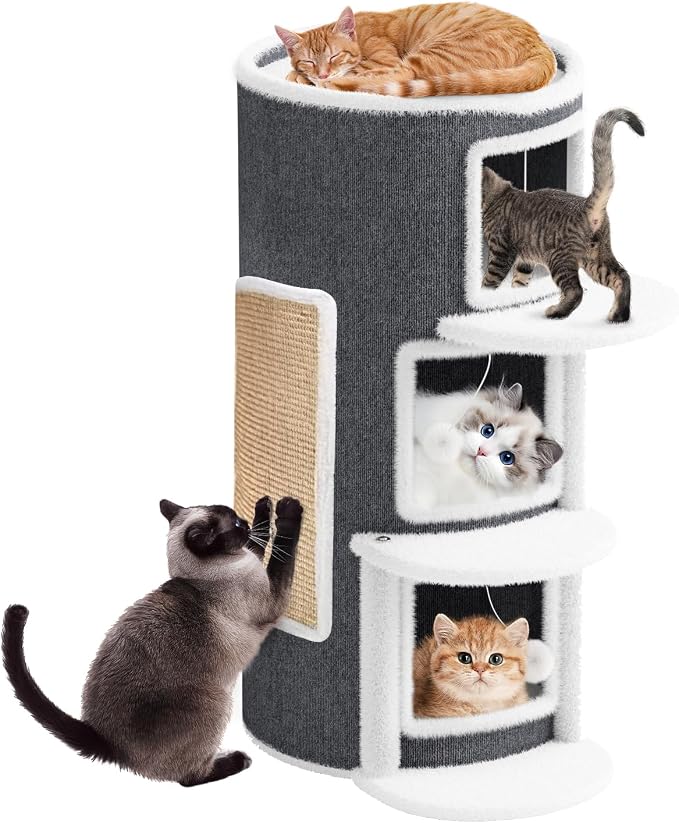 3-Storey Cat Beds for Indoor Cats House, Covered Beds & Furniture with Scratch Pad, Cat Hideaway Cave, Condo with Dangling Fluffy Balls for Multiple Kitten, Grey 15.75X15.75X35.43INCH by Rukuapid