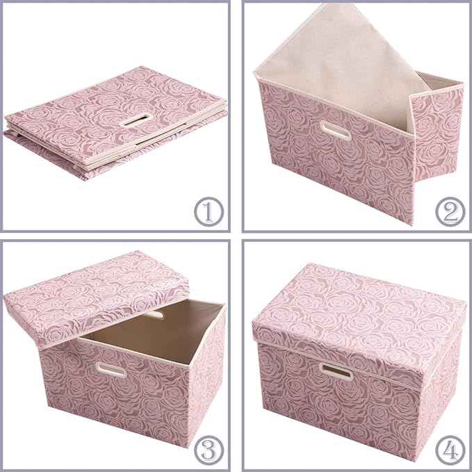 PRANDOM Collapsible Storage Boxes with Lids [5-Pack] Fabric Decorative Storage Bins Cubes Organizer Containers Baskets with Cover Handles Divider for Bedroom Closet Living Room Pink 14.9x9.8x9.8 Inch - Image 4