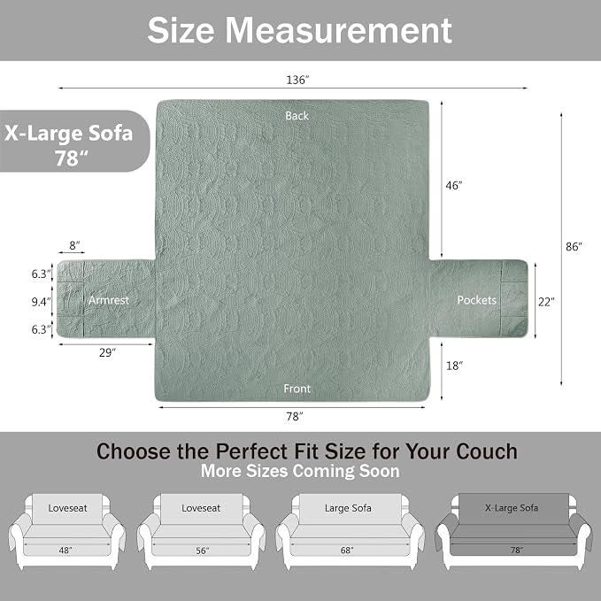Soft Sage Quilted Couch Cover with Pockets for Extra-Large Sofa, Anti-Slip Sofa Covers Washable for 3 Cushion, Pet Friendly Oversized Sofa Cover Water-Repellent (X-Large Sofa 78", Sage Blue) - Image 7