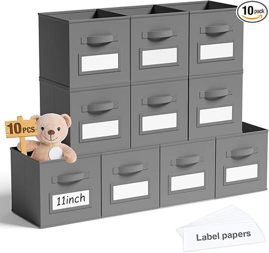 Teenyyou 10 Pack Fabric Storage Cubes 11 Inch Collapsible Cube Bins with Label Window & Handle Foldable Organizers Baskets for Shelf Closet Nursery Kids Room Clothes Book Toy(Gray) by Teenyyou