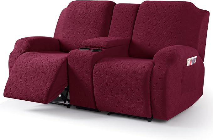 VANSOFY Recliner Loveseat Cover with Middle Console Stretch Reclining Sofa Slipcover for 2 Seat Jacquard Reclining Couch Sofa Covers Furniture Protector with Elastic Straps Bottom (Burgundy) | 4-Pieces, Soft Furniture Protector, Washable Slipcover with... by VANSOFYFURNITURECOVERS