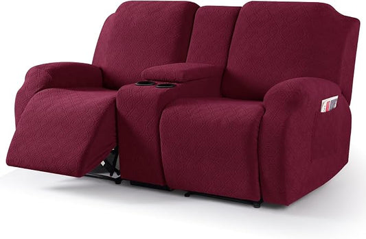 VANSOFY Recliner Loveseat Cover with Middle Console Stretch Reclining Sofa Slipcover for 2 Seat Jacquard Reclining Couch Sofa Covers Furniture Protector with Elastic Straps Bottom (Burgundy) | 4-Pieces, Soft Furniture Protector, Washable Slipcover with... by VANSOFYFURNITURECOVERS