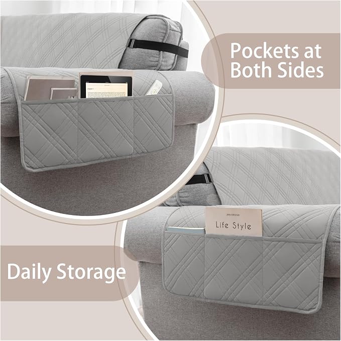 100% Waterproof Couch Cover for Dogs, Anti-Slip Washable Sofa Cover with Elastic Straps & Side Pockets, Durable Furniture Protector for Kids, Pets & Dogs (Armchair 23", Newgrey) - Image 3