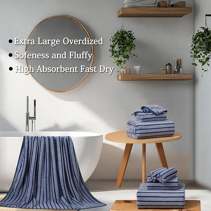 Mistyrose Bath Towels,4 Pack Navy Stripe 35"x70" Large Bath Towels Microfiber Absorbent XL Bath Sheets Super Soft Towels for Bathroom Quick Dry Oversized Shower Towels for Family Hotel Spa Gym - Image 9